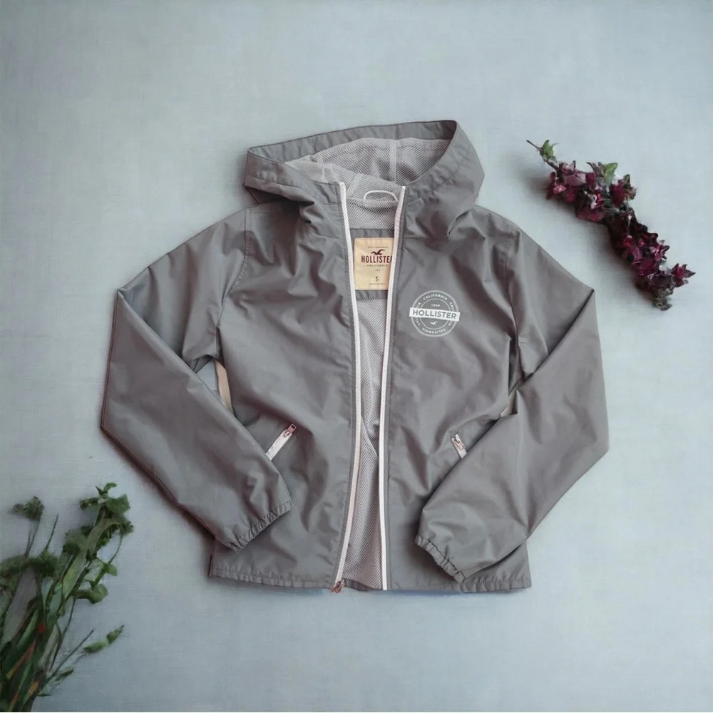 HOLLISTER Hooded Windbreaker Jacket Gray & White Size Small - Picture 1 of 10